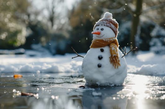 A snowman bravely stands in the middle of a pond, creating an extraordinary and unexpected winter spectacle