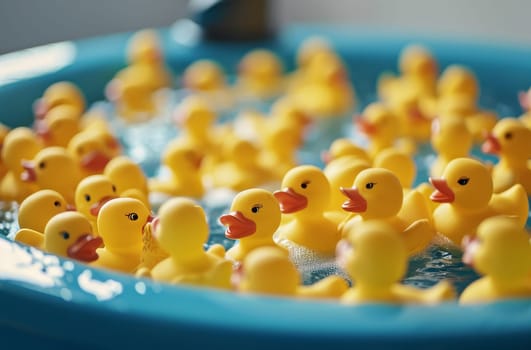 A collection of playful rubber ducks gathered inside a vibrant blue bowl