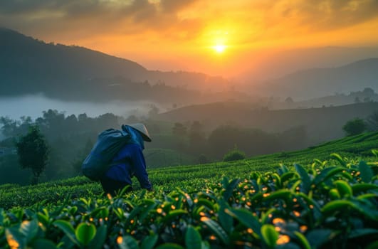 A person kneeling in a field, resting with a backpack, amidst a beautiful landscape, ready for their outdoor adventure