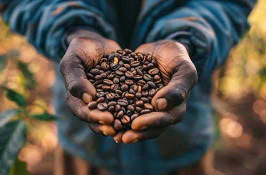 A captivating photograph showcasing the close-up view of a persons hand holding a handful of aromatic coffee beans