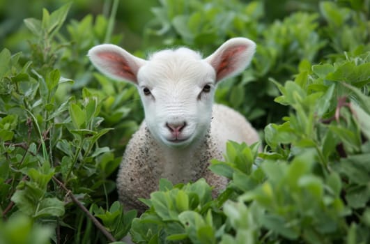 A curious lamb stands among the bushes, making eye contact with the camera