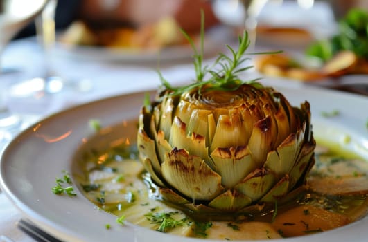 A white plate presents a mouthwatering artichoke covered in a irresistible sauce