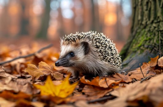 A small hedgehog relaxing amidst a bed of fallen leaves, nestled cozily next to a towering tree