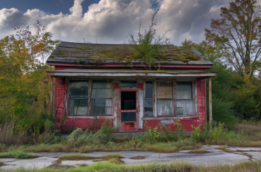 A once vibrant red building with a green roof now stands in a state of decay