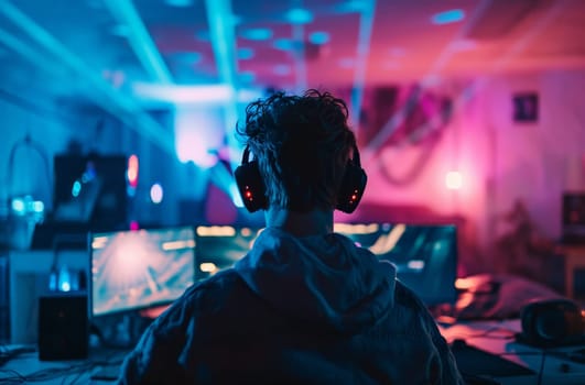 A man is seen wearing headphones as he sits in front of a computer screen