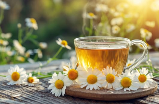 A cup of tea surrounded by daisies sits on a rustic wooden table