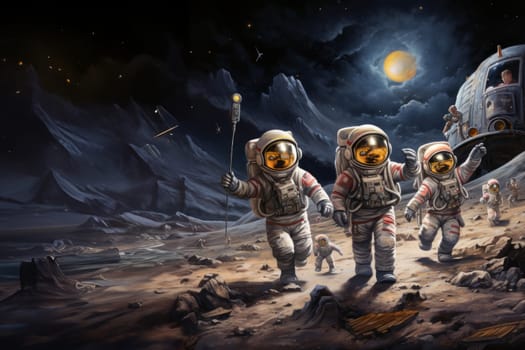 A jubilant family dons astronaut suits, running joyfully across the vast expanse of Mars, symbolizing a harmonious blend of familial happiness and the awe-inspiring adventure of interplanetary exploration.