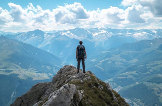 A lone hiker stands at the mountain summit, gazing into the expansive view of towering peaks and valleys, embodying the spirit of adventure and exploration