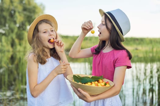 Two girls eating yellow cherries, summer day in nature, harvest of sweet fresh natural organic cherries in bowl in hands of children