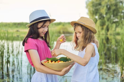 Two girls eating yellow cherries, summer day in nature, harvest of sweet fresh natural organic cherries in bowl in hands of children