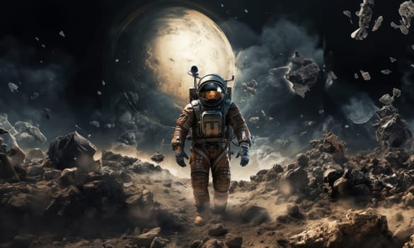 Astronaut gracefully traverses the lunar surface, surrounded by a surreal landscape of moon dust and the remnants of space debris, capturing the delicate juxtaposition of celestial exploration and the enduring traces of human presence in outer space.