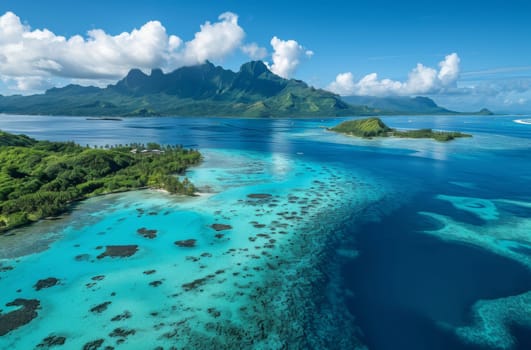 Lush greenery and clear turquoise waters under a majestic mountain range and fluffy clouds, depicting the serene beauty of French Polynesia