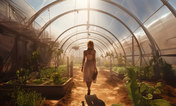 A modern and stylish woman explores a greenhouse within a Mars settlement, embodying the fusion of contemporary elegance and pioneering spirit as humanity establishes a new and fashionable presence on the Red Planet.