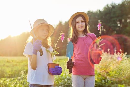 Portrait of two little beautiful gardeners in hats gloves with flowering plants in pots and garden shovels. Girls children in rural garden, spring summer sunny day, nature landscape golden hour