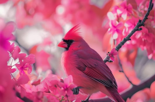 A vibrant red bird sits calmly on a branch of a tall tree