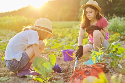 Children two beautiful girls in hats with flowers in pots, gloves with garden tools, planting plants in ground. Background spring summer landscape, nature, sky