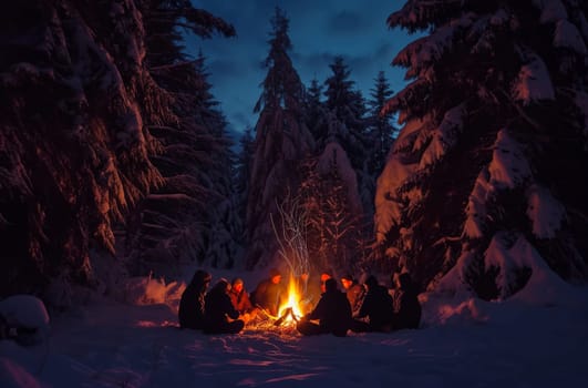 A group of people huddled together around a warm fire in the snow, enjoying a cozy winter gathering