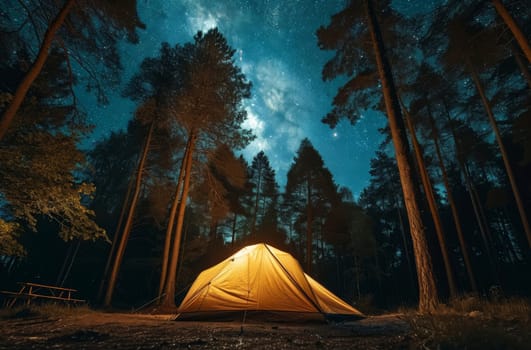 Illuminated tent under a breathtaking starry sky amidst towering pine trees, capturing the essence of wilderness camping and nocturnal adventure