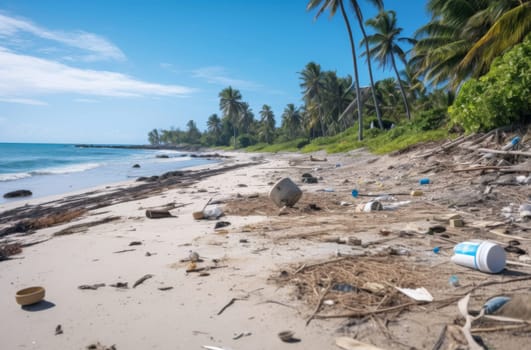 Pristine tropical beach marred by scattered plastic waste, highlighting the pressing issue of environmental pollution