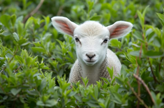 A small white sheep stands gracefully in the middle of a vibrant, verdant green field