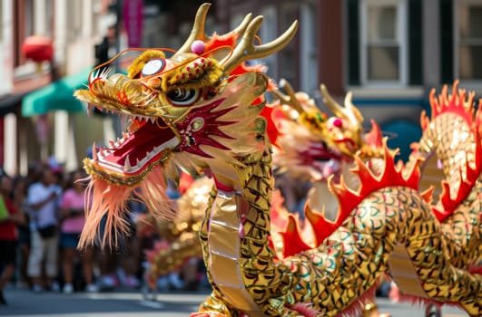 A spectacular golden dragon with fiery red accents parades under a clear blue sky, its scales shimmering as performers animate its sinuous movements amidst a festive crowd