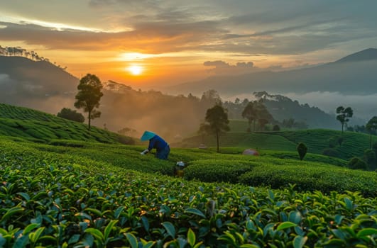 A worker meticulously picks tea leaves on a plantation at sunrise, with misty mountains and lush greenery in the background