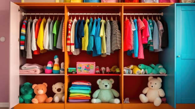 Children's wardrobe with various bright clothes for babies. Motherhood, cleaning home kids wardrobe. AI
