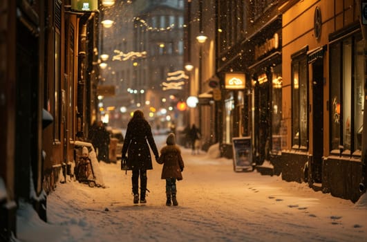 An adult and child walk hand in hand down a snow-covered city street, warmly dressed against the falling snowflakes, with city lights glowing softly in the evening