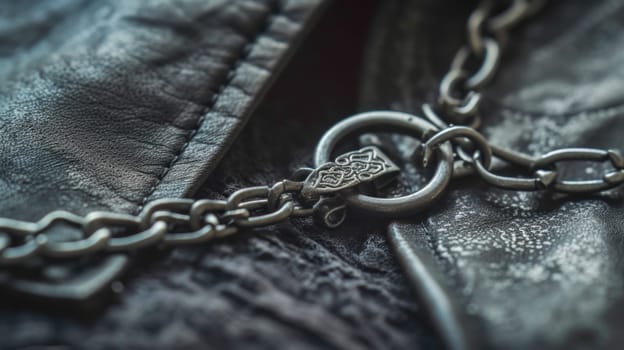 Ornate clasp on leather texture. Created using AI generated technology and image editing software.