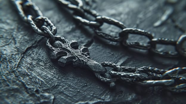 Macro of ornate chain on leather. Created using AI generated technology and image editing software.