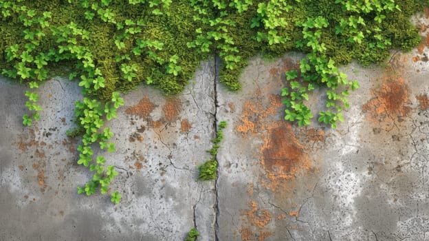 Lush greenery overtaking concrete wall. Created using AI generated technology and image editing software.