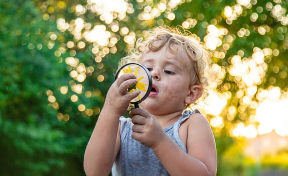 A child looks at a flower with a magnifying glass. Selective focus. Kid.