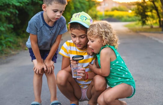 Children look with a magnifying glass into a glass of water. Selective focus. Kid.