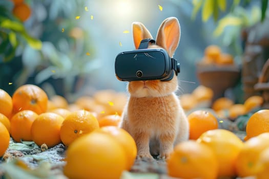 Bunny wearing Virtual reality goggle. Futuristic technology concept. Generative AI.
