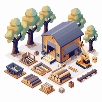 Project teamwork at sawmills. isometric illustration. High quality illustration