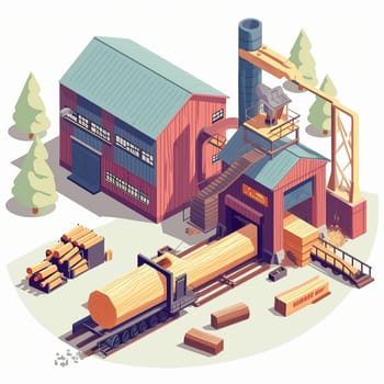 Project teamwork at sawmills. isometric illustration. High quality illustration