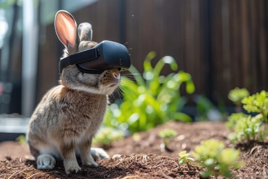 Bunny wearing Virtual reality goggle. Futuristic technology concept. Generative AI.