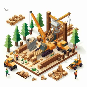 Project teamwork at sawmills. isometric illustration. High quality illustration