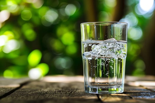 Glass of clean drinking water with selective sharp focus on wooden table with blurry green foliage at sunny day. Neural network generated in January 2024. Not based on any actual scene or pattern.