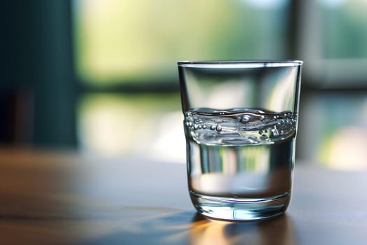 Glass of clean drinking water on wooden table in front of window selective focus. Neural network generated in January 2024. Not based on any actual scene or pattern.