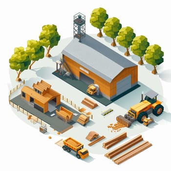 Project teamwork at sawmills. isometric illustration. High quality illustration