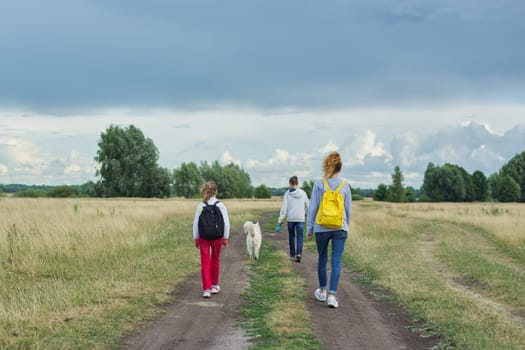 Active healthy lifestyle, children outdoors with dog, family boy and girls walking along country road, back view