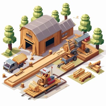 Project teamwork at sawmills. isometric illustration. High quality illustration