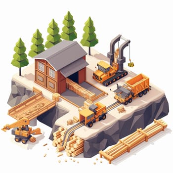 Project teamwork at sawmills. isometric illustration. High quality illustration