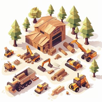 Project teamwork at sawmills. isometric illustration. High quality illustration