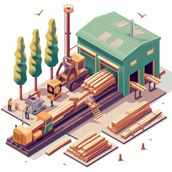 Project teamwork at sawmills. isometric illustration. High quality illustration