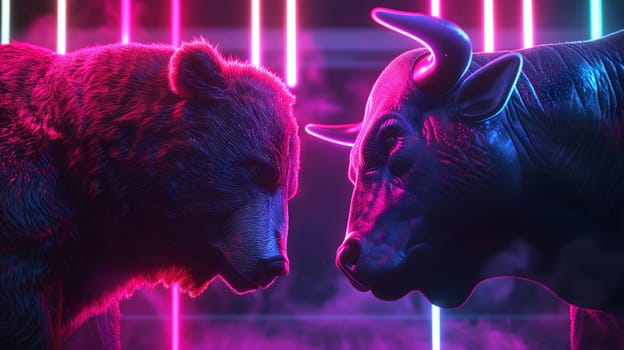 Bear and bull going head to head with pink and cyan neon lighting. Neural network generated image. Not based on any actual person or scene.