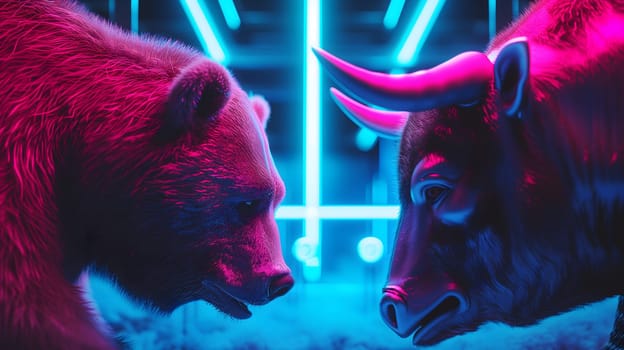 Bear and bull going head to head with pink and cyan neon lighting. Neural network generated image. Not based on any actual person or scene.