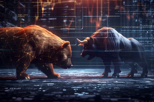 Bear and bull going head to head with trading charts behind them, in the style of stock market, wild and daring. Neural network generated image. Not based on any actual person or scene.