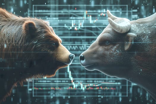 Bear and bull going head to head with trading charts behind them, in the style of stock market, wild and daring. Neural network generated image. Not based on any actual person or scene.